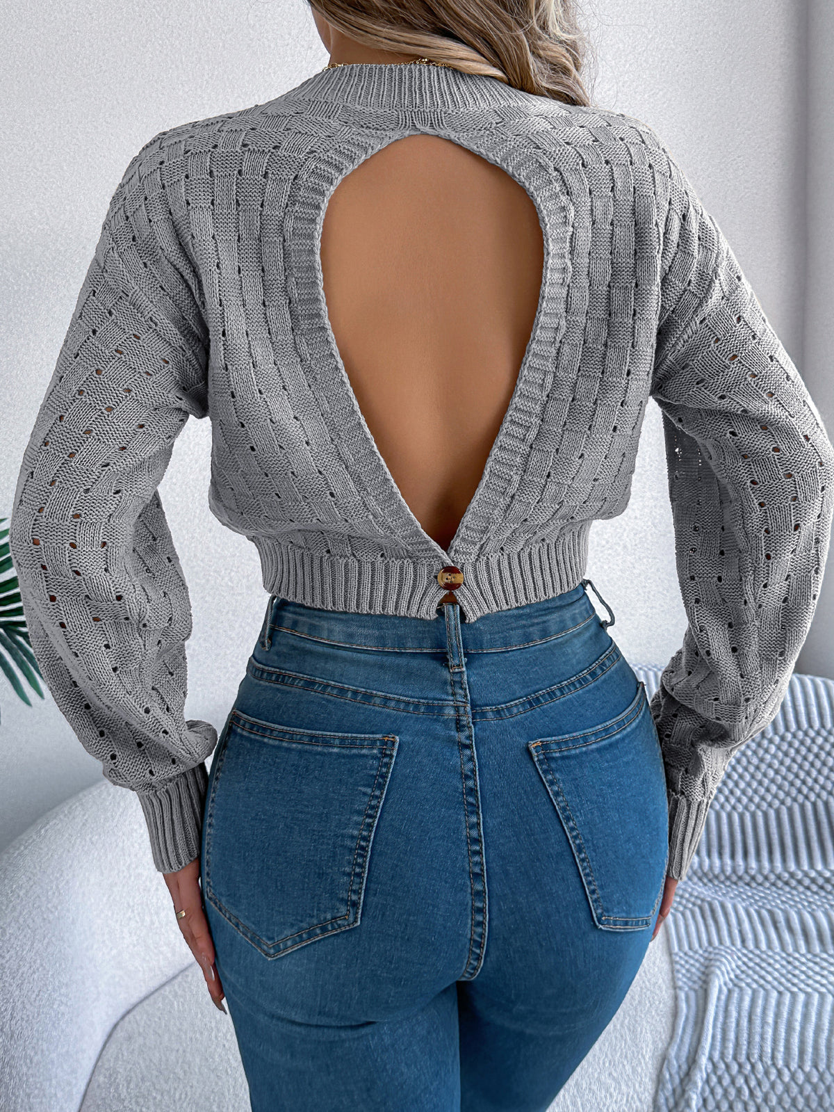 Women Sexy Backless Button Hollow Out Long Sleeve Pullover Sweater