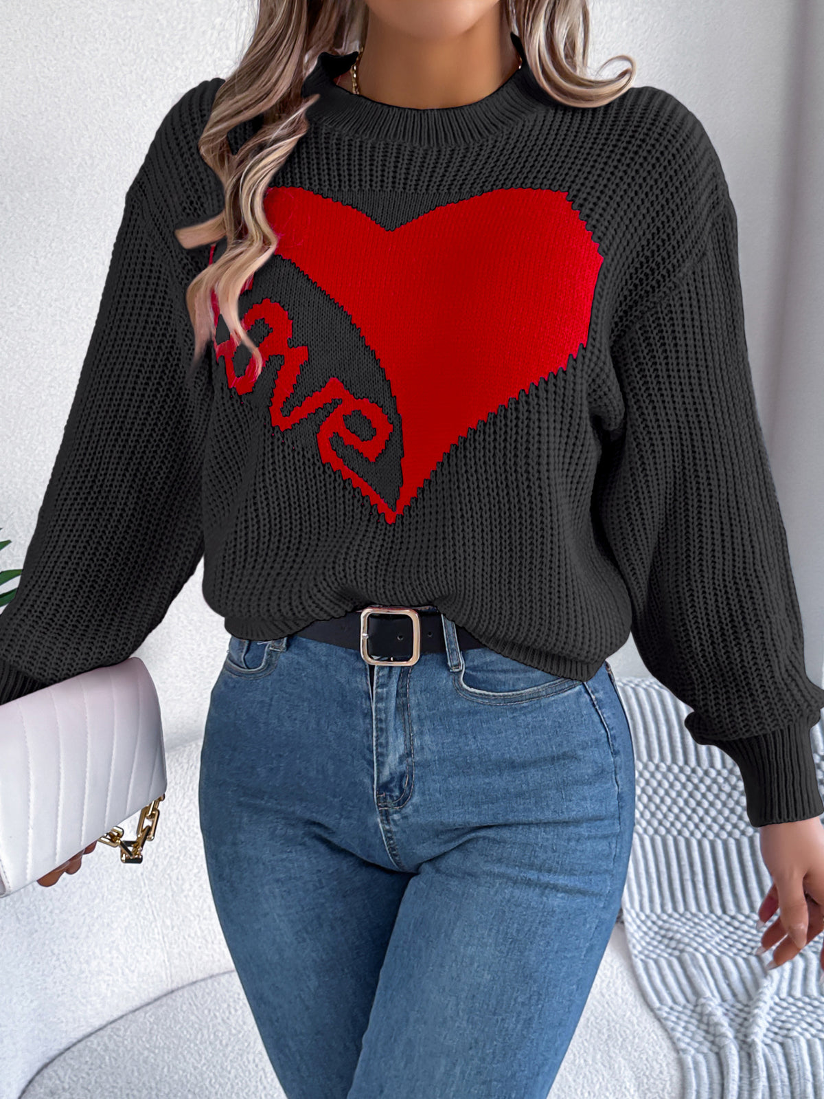Women Casual Color Block Heart LOVE Long Sleeve Pullover Sweater
