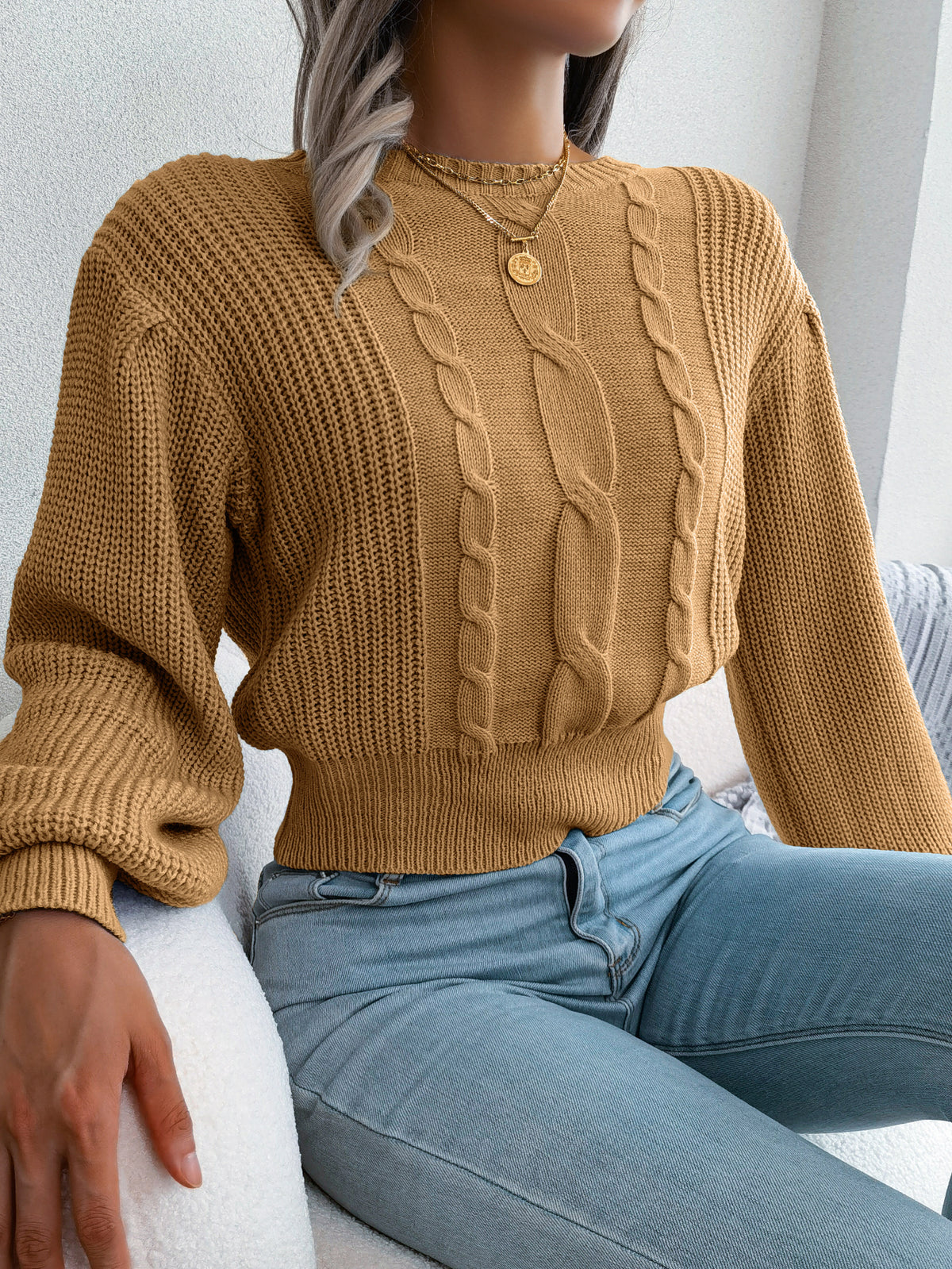Women Casual Cable Knit Lantern Sleeve Cinched Sweater