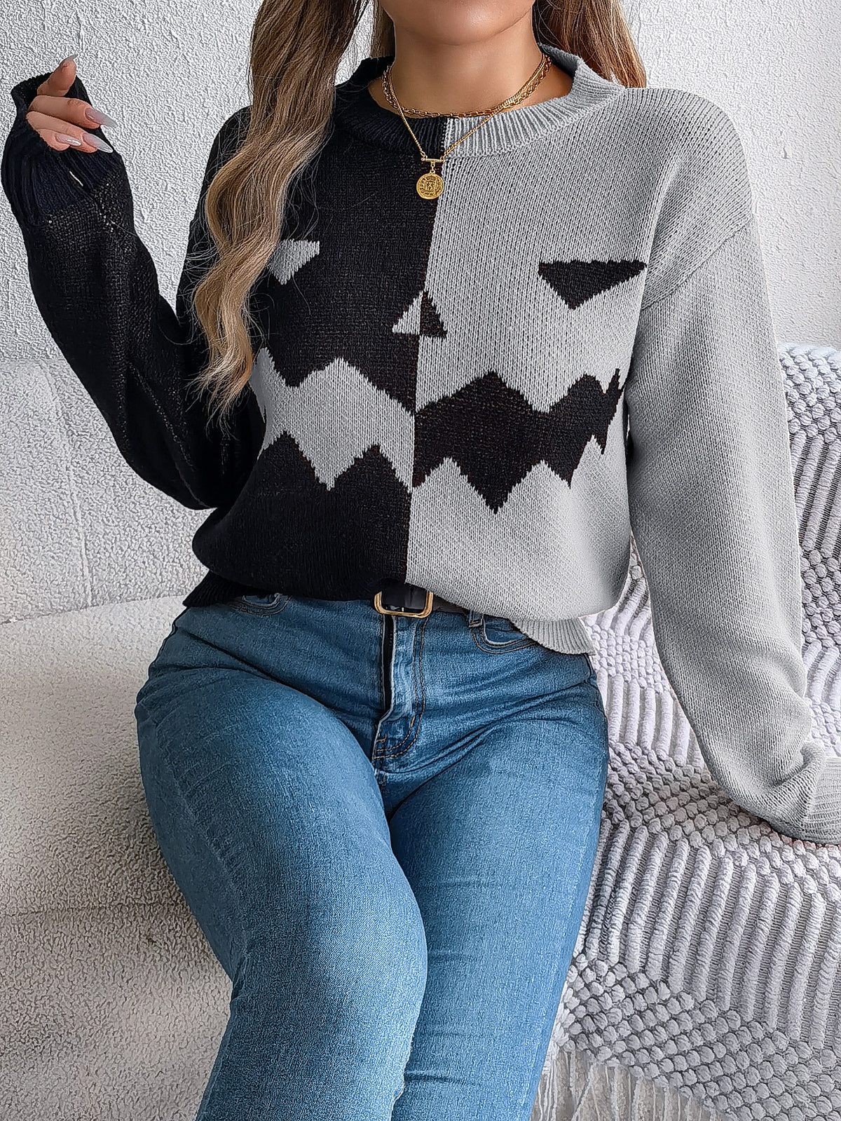 Women Ghost Pumpkin Color Block Long Sleeve Pullover Sweater