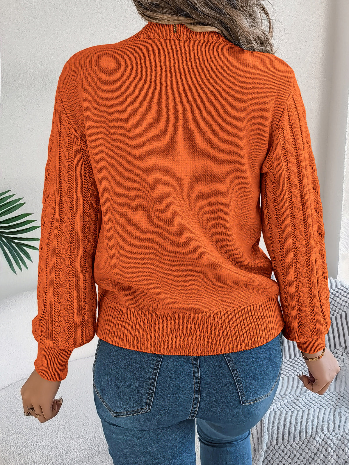 Women Casual Solid Color Hollow Out Lantern Sleeve Pullover Sweater