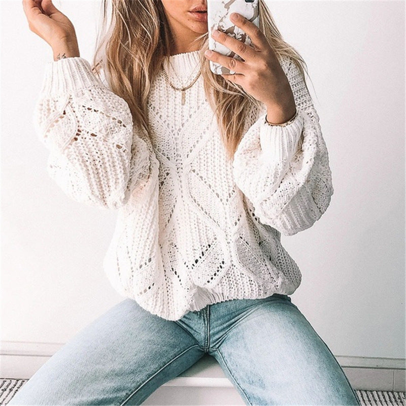 Women's Irregular Hollow-Out V-Neck Long Sleeve Sweater