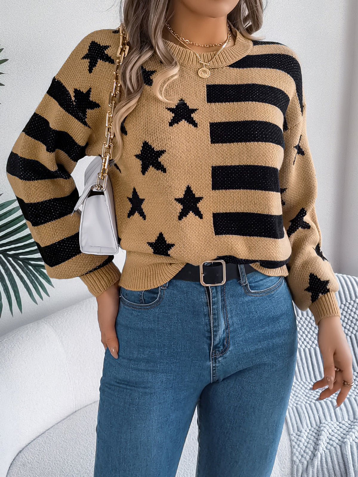 Women Casual Star Stripe Lantern Sleeve Long Sleeve Pullover Sweater