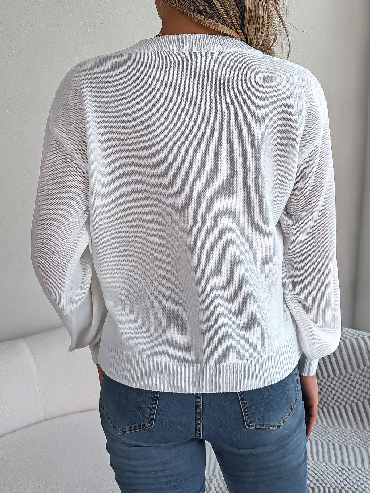 Women Casual Button Cable Knit Lantern Sleeve Pullover Sweater