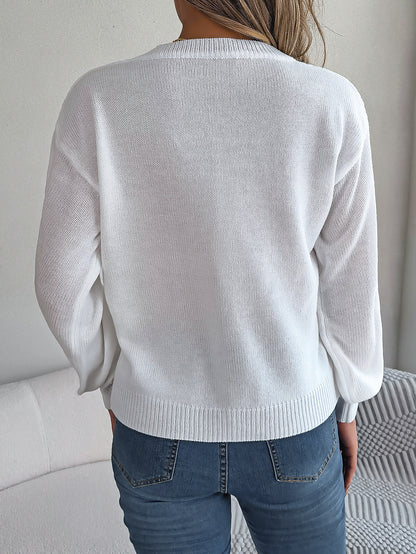 Women Casual Button Cable Knit Lantern Sleeve Pullover Sweater