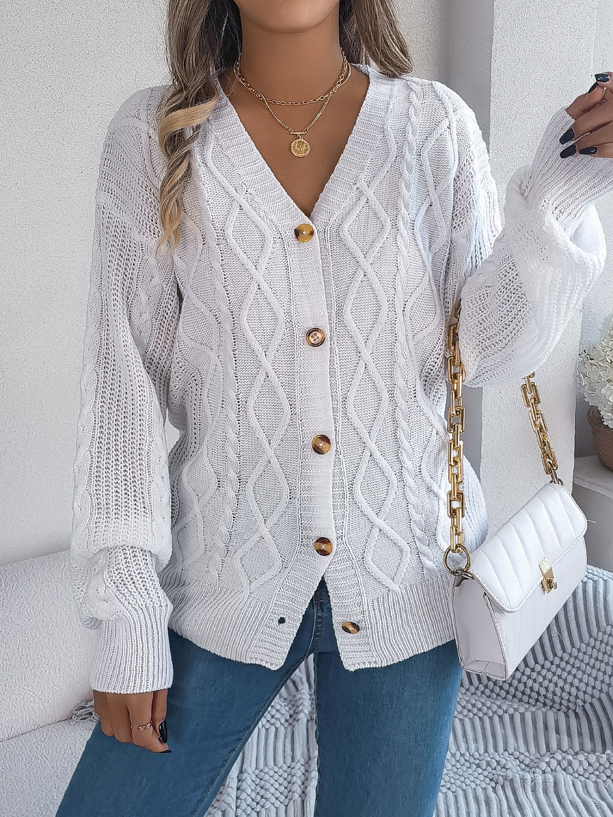 Women Casual V-Neck Lantern Sleeve Cable Knit Button Cardigan Sweater