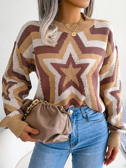 Women Fashion Color Block Star Long Sleeve Pullover Sweater