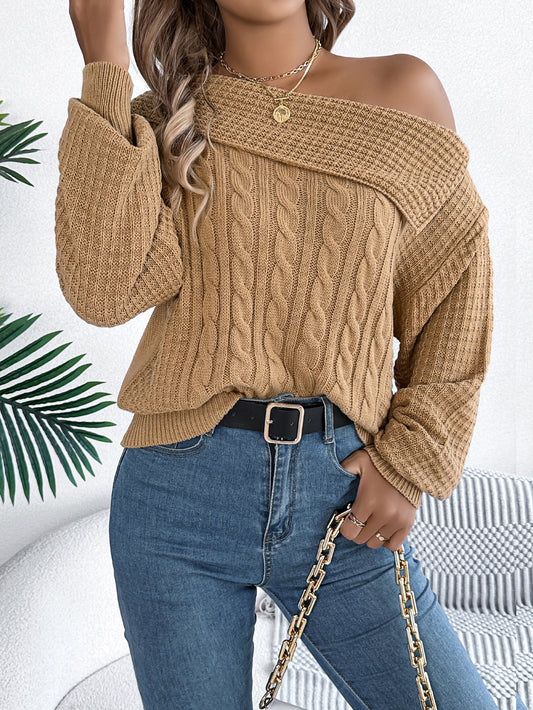 Women Casual Sexy Lapel Off-Shoulder Cable Knit Long Sleeve Pullover Sweater