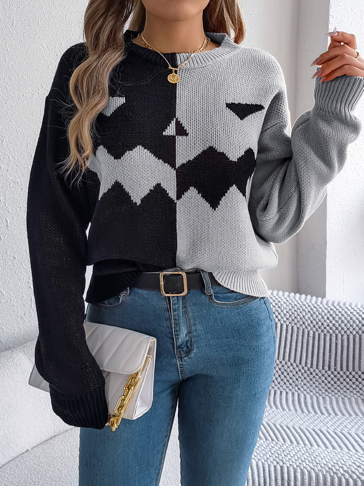Women Ghost Pumpkin Color Block Long Sleeve Pullover Sweater