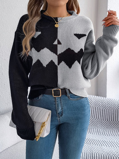 Women Ghost Pumpkin Color Block Long Sleeve Pullover Sweater