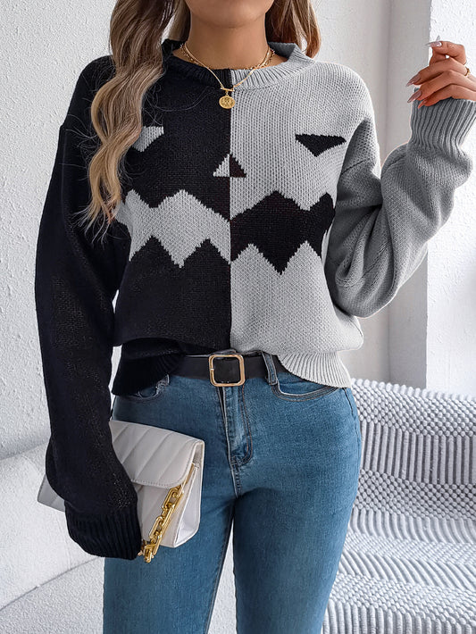 Women Ghost Pumpkin Color Block Long Sleeve Pullover Sweater