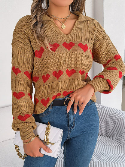 Women Casual V-Neck Lantern Sleeve Color Block Heart Pullover Sweater