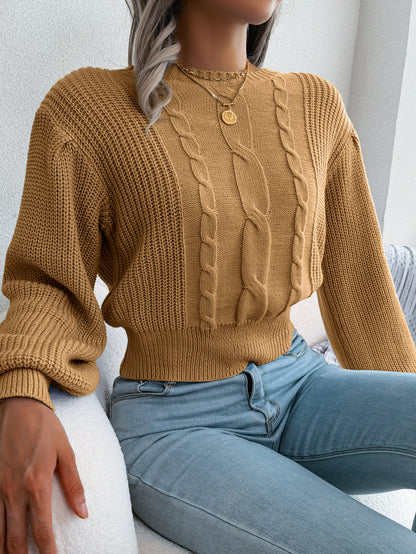 Women Casual Cable Knit Lantern Sleeve Cinched Sweater