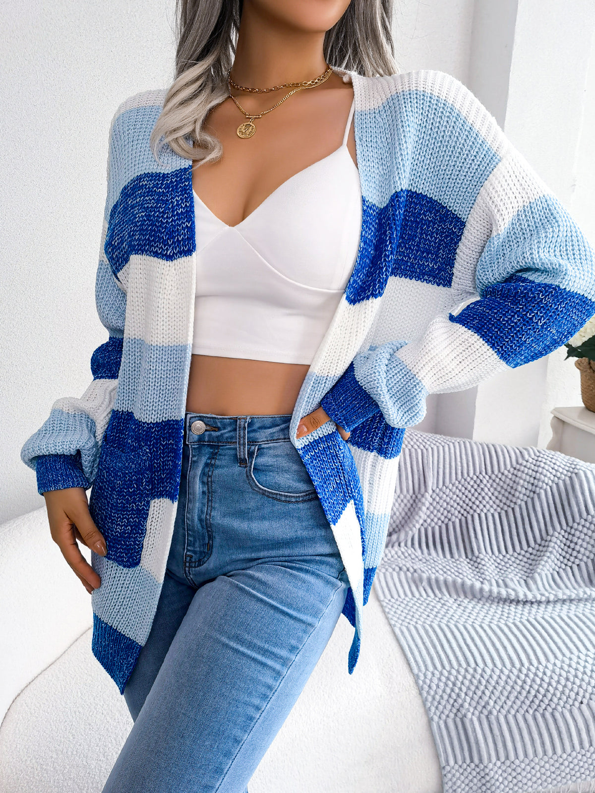 Women Color Block Stripe Lantern Sleeve Casual Cardigan Sweater Coat