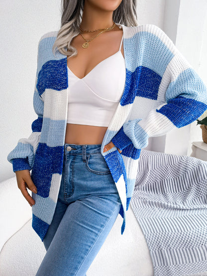 Women Color Block Stripe Lantern Sleeve Casual Cardigan Sweater Coat