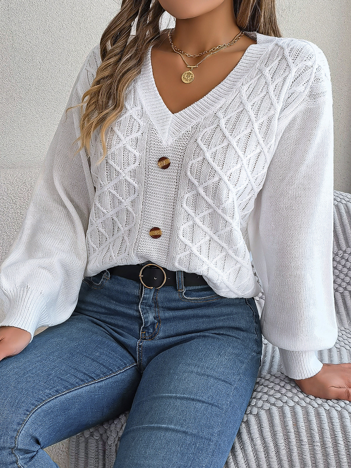 Women Casual Button Cable Knit Lantern Sleeve Pullover Sweater