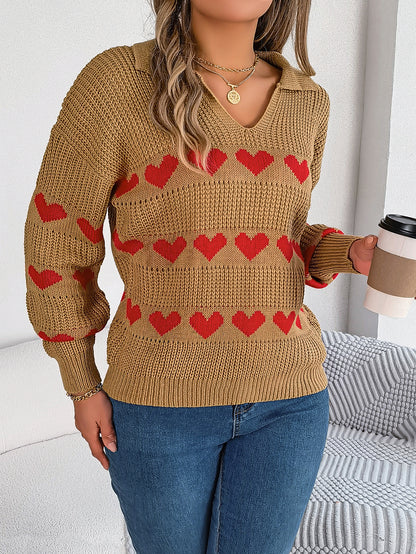 Women Casual V-Neck Lantern Sleeve Color Block Heart Pullover Sweater