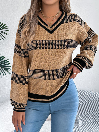 Women V-Neck Color Block Stripe Lantern Sleeve Pullover Sweater