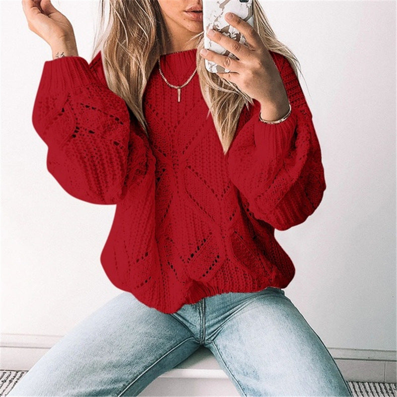 Women's Irregular Hollow-Out V-Neck Long Sleeve Sweater