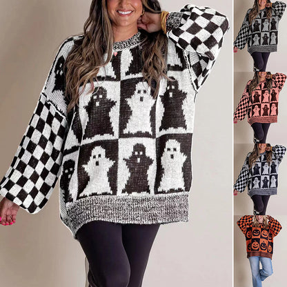 Halloween Cartoon Ghost And Checkerboard Print Pullover Sweater Autumn And Winter Loose Long-sleeved Knitted Tops For Women
