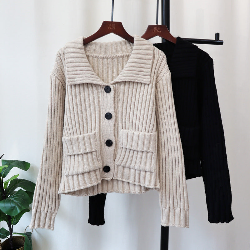 Autumn Winter Retro Lapel Loose High-grade Sweater Coat For Women