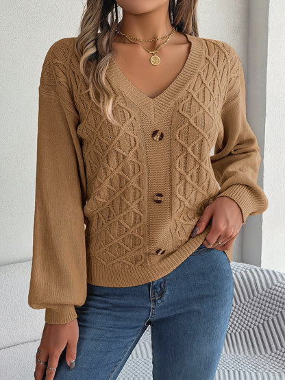Women Casual Button Cable Knit Lantern Sleeve Pullover Sweater