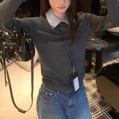 Chic Gray Knit Sweater Top with Layered Design, Fitted Long Sleeve , Unique Style Women's Top