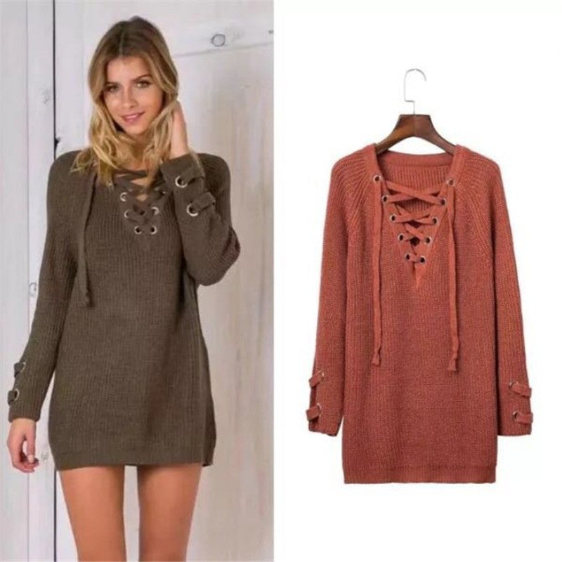 2026 Women's V-Neck Mesh Tie Sweater Striped Bandage Cross Chain Top Casual Loose Pullover