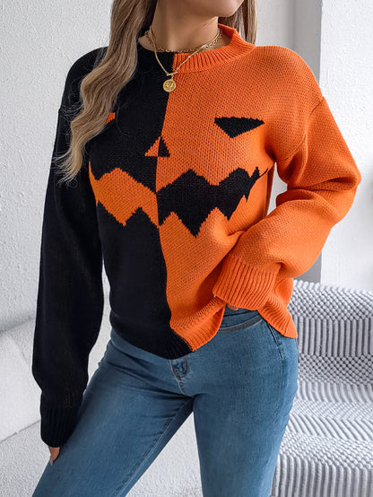 Women Ghost Pumpkin Color Block Long Sleeve Pullover Sweater