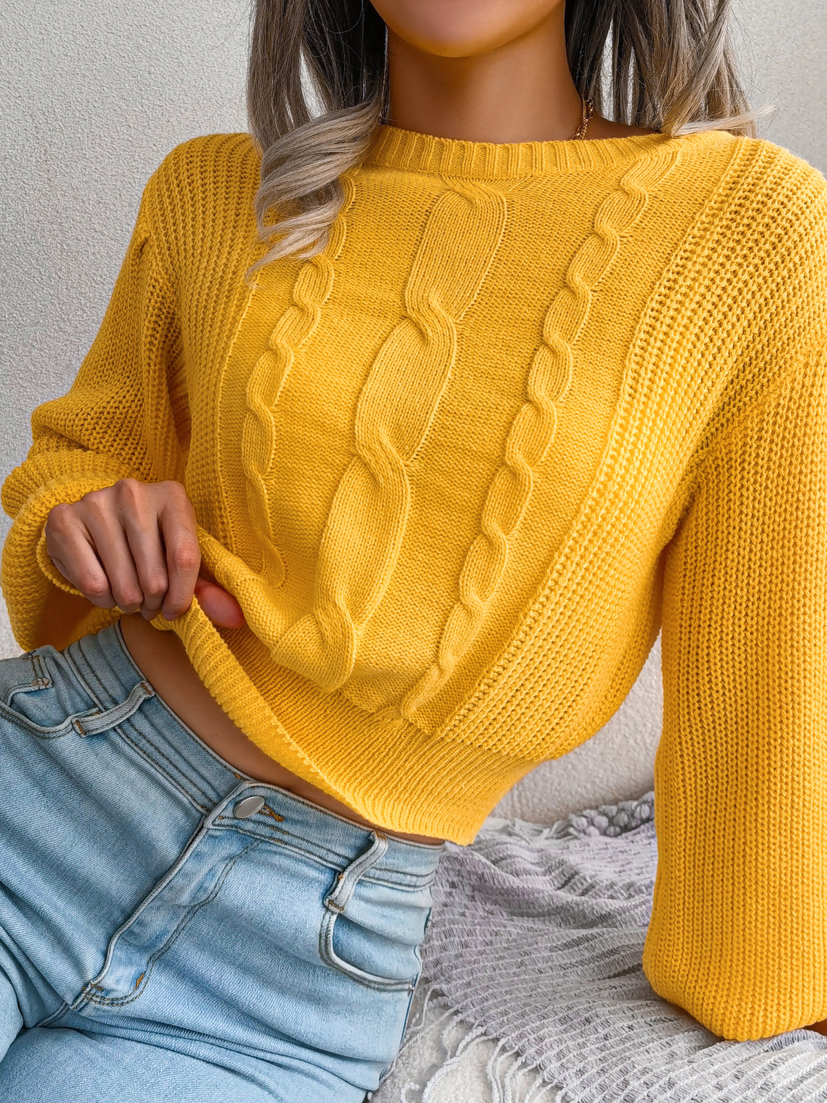 Women Casual Cable Knit Lantern Sleeve Cinched Sweater