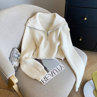 Women's Zipper Sweater Lapel Cropped Sweater Coat