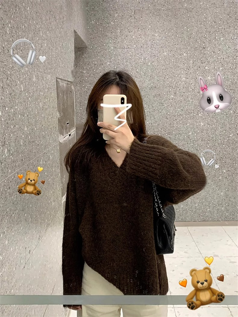 Loose V-neck Sweater Female Thickened Sweater
