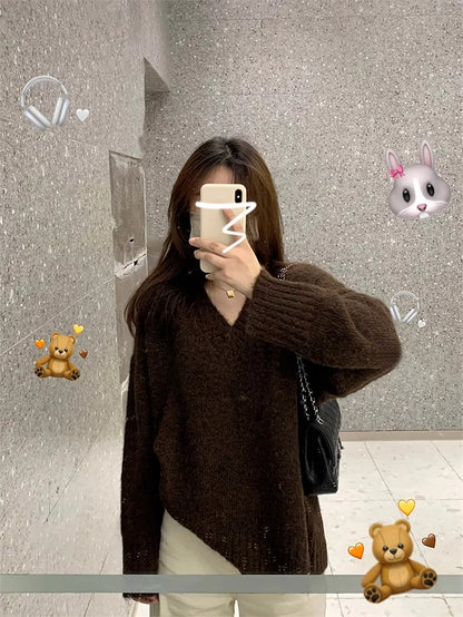 Loose V-neck Sweater Female Thickened Sweater