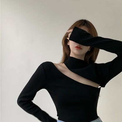 Real shot hollowed out sweater women''s autumn thin style with underlay and exposed collar bone top