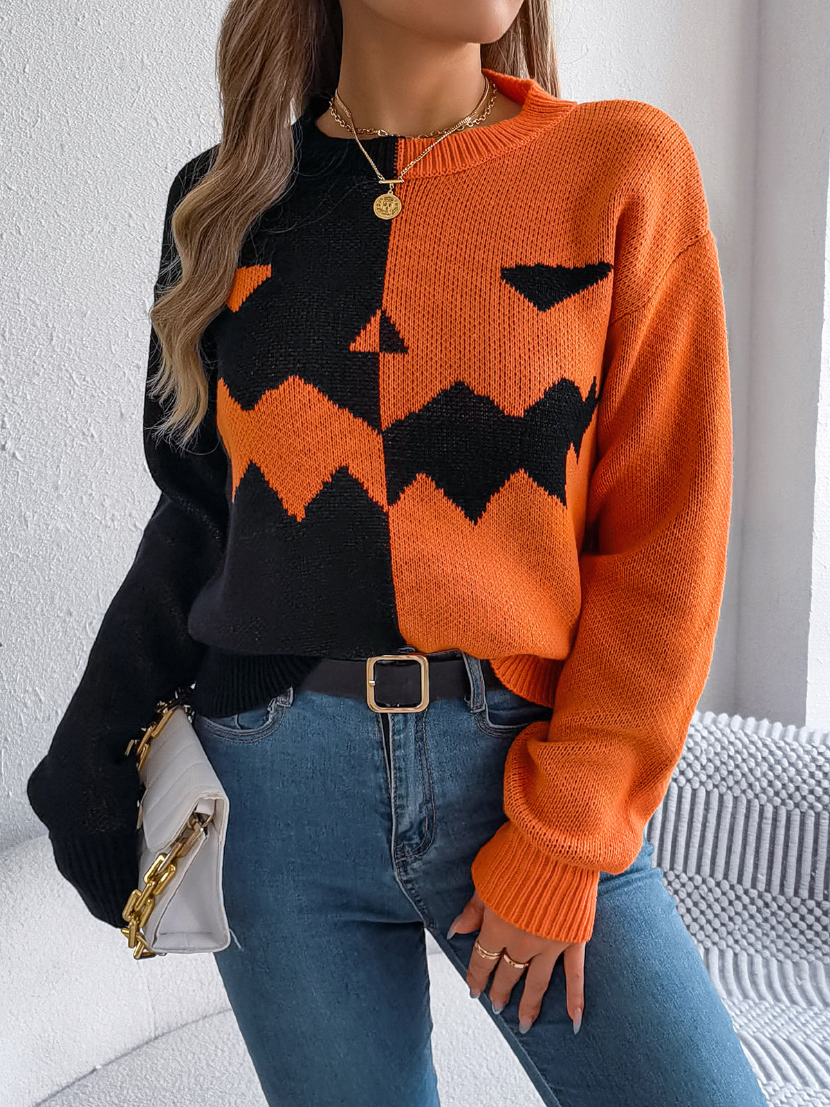 Women Ghost Pumpkin Color Block Long Sleeve Pullover Sweater