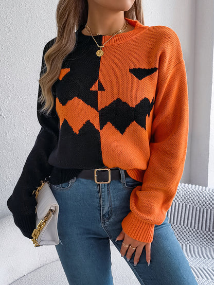 Women Ghost Pumpkin Color Block Long Sleeve Pullover Sweater