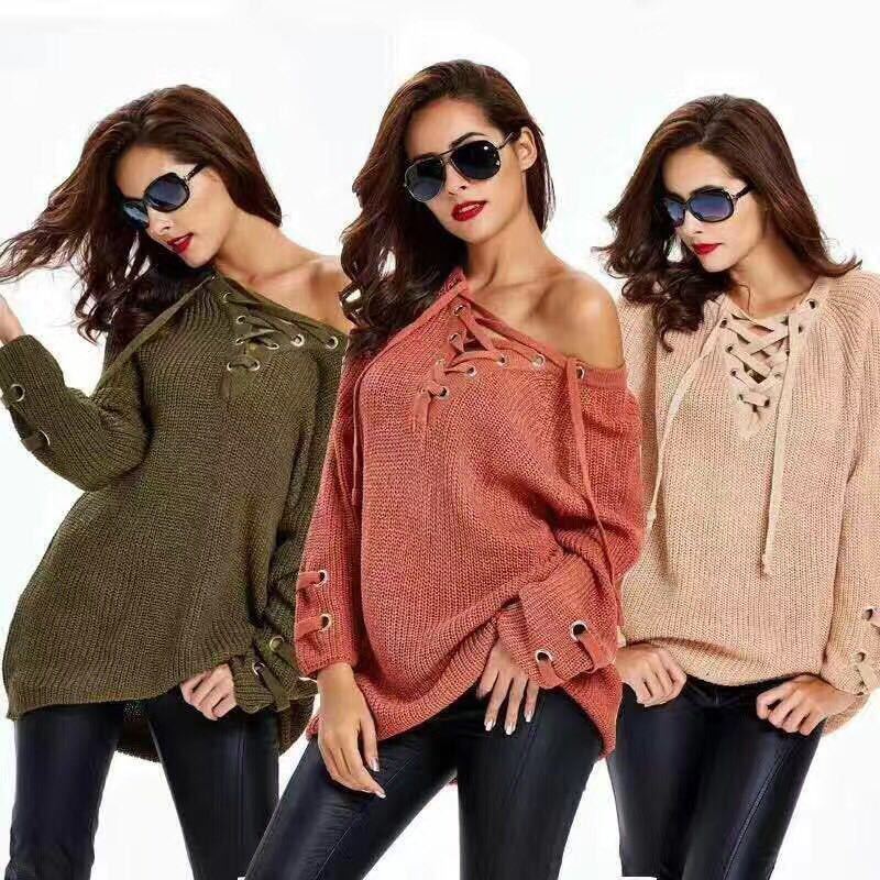 2026 Women's V-Neck Mesh Tie Sweater Striped Bandage Cross Chain Top Casual Loose Pullover