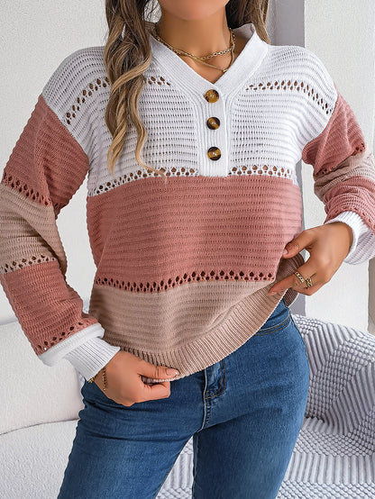 Women Casual Button V-Neck Hollow Out Color Block Lantern Sleeve Pullover Sweater