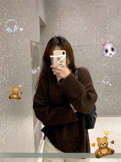 Loose V-neck Sweater Female Thickened Sweater
