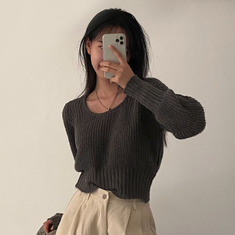 Square-neck Cinched Slimming Pure Color All-matching Fashionable Sweater Women