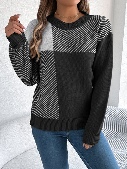 Women Casual Color Block Plaid Long Sleeve Pullover Sweater
