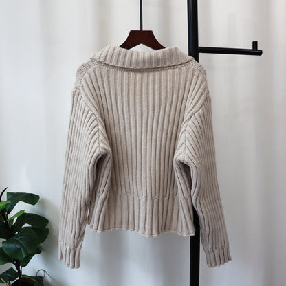 Autumn Winter Retro Lapel Loose High-grade Sweater Coat For Women