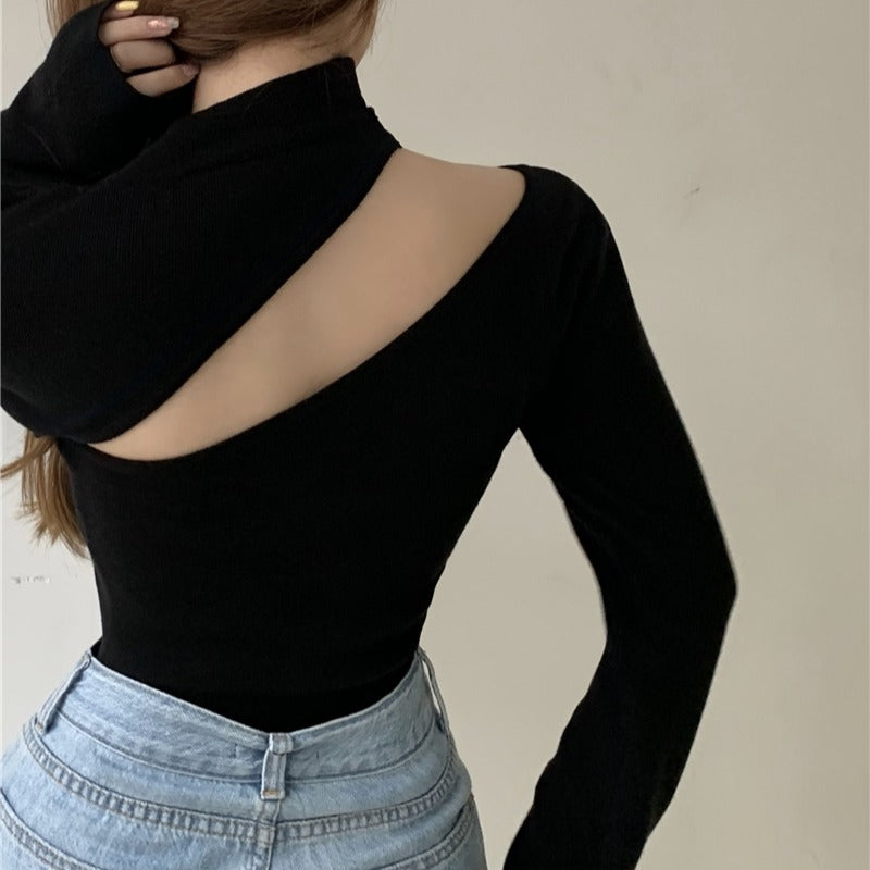 Real shot hollowed out sweater women''s autumn thin style with underlay and exposed collar bone top