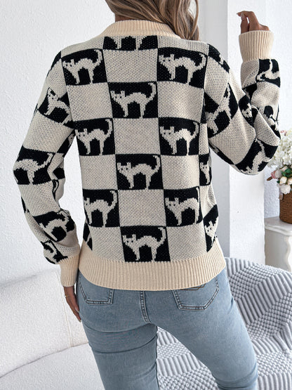 Women Halloween Plaid Lantern Sleeve Long Sleeve Pullover Sweater