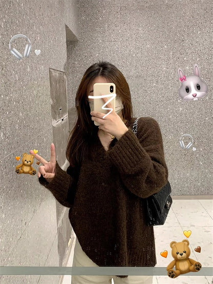 Loose V-neck Sweater Female Thickened Sweater