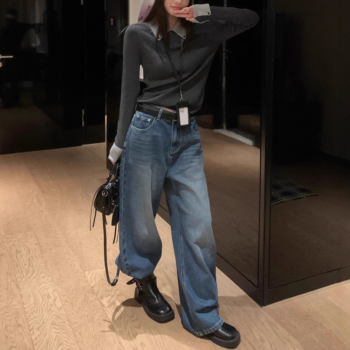 Chic Gray Knit Sweater Top with Layered Design, Fitted Long Sleeve , Unique Style Women's Top