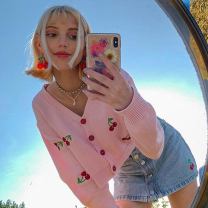 Little fresh cherry embroidered cardigan sweater women''s coat short loose mesh red ins super fire lazy style sweater
