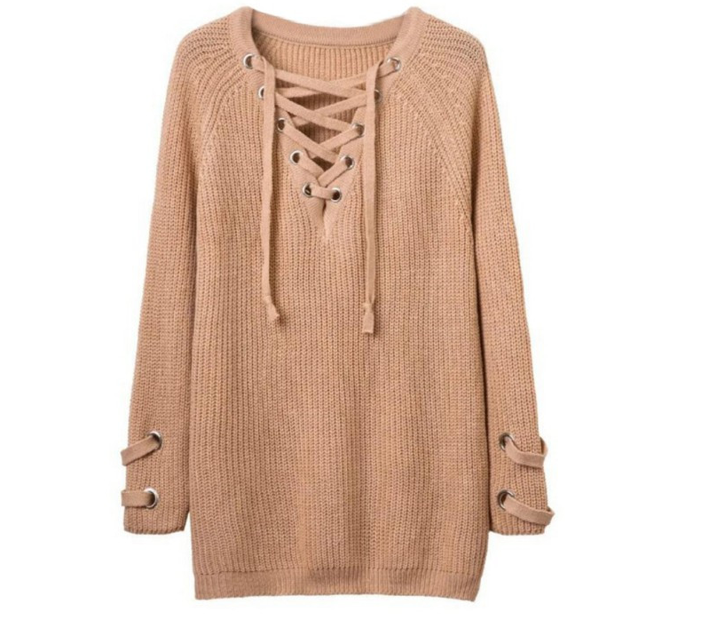 2026 Women's V-Neck Mesh Tie Sweater Striped Bandage Cross Chain Top Casual Loose Pullover
