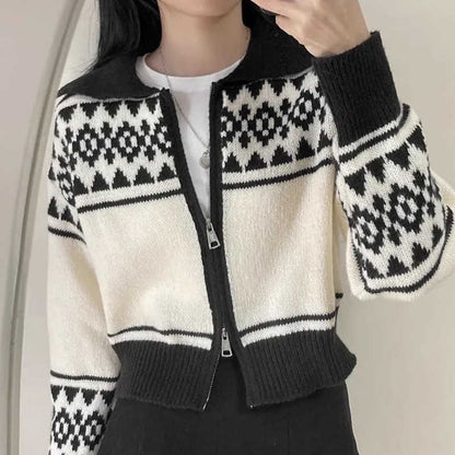 Lapel Contrast Color Jacquard Long Sleeve Zipper Sweater Coat For Women