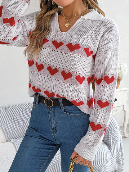 Women Casual V-Neck Lantern Sleeve Color Block Heart Pullover Sweater